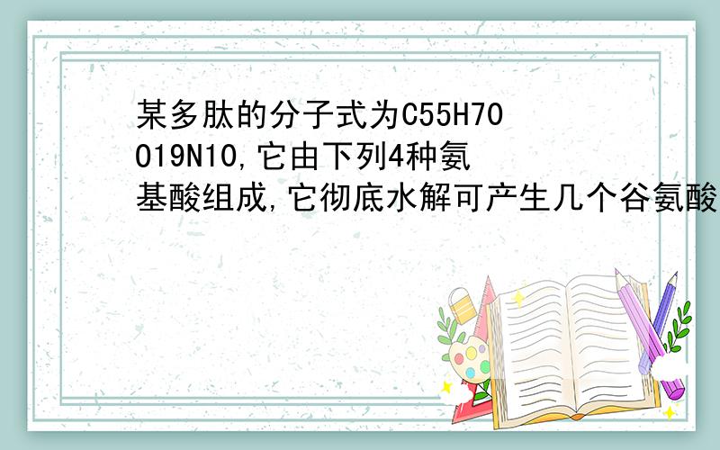 某多肽的分子式为C55H70O19N10,它由下列4种氨基酸组成,它彻底水解可产生几个谷氨酸分子某多肽的分子式为C55H70O19N10,已知它由下列四种氨基酸组成：甘氨酸（C2H5NO2）、丙氨酸（C3H7NO2）、苯丙