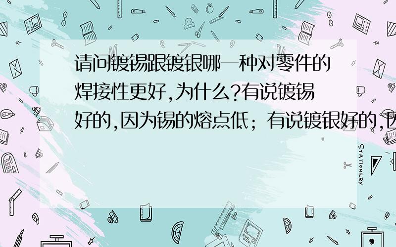 请问镀锡跟镀银哪一种对零件的焊接性更好,为什么?有说镀锡好的,因为锡的熔点低；有说镀银好的,因为银的抗氧化性强.个人觉得都有道理,还请专家指点.