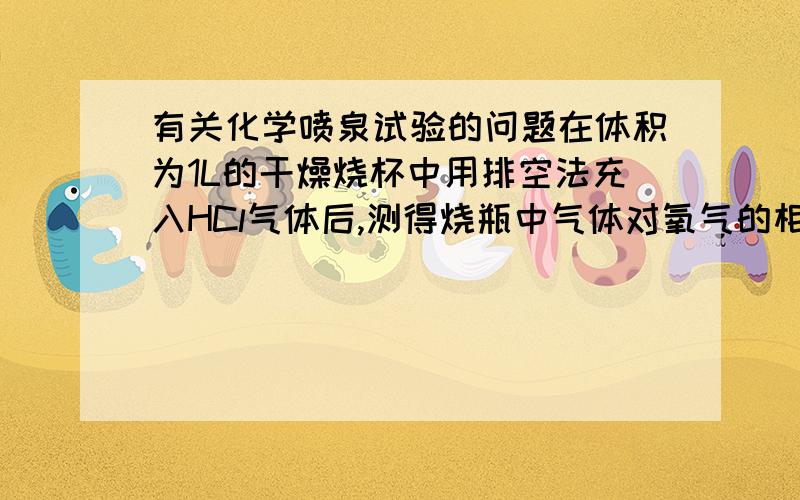 有关化学喷泉试验的问题在体积为1L的干燥烧杯中用排空法充入HCl气体后,测得烧瓶中气体对氧气的相对密度为1.082,以此气体进行喷泉实验,当喷泉停止后进入烧瓶中的液体的体积是多少?