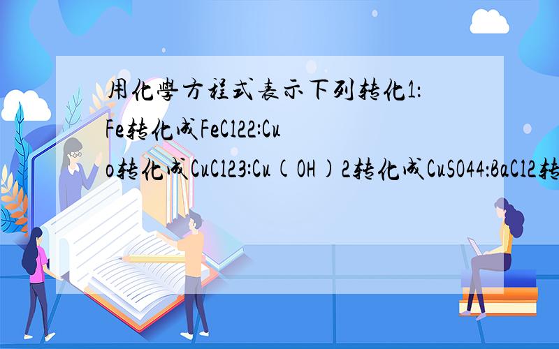 用化学方程式表示下列转化1：Fe转化成FeCl22:Cuo转化成CuCl23:Cu(OH)2转化成CuSO44：BaCl2转化成BaSO4