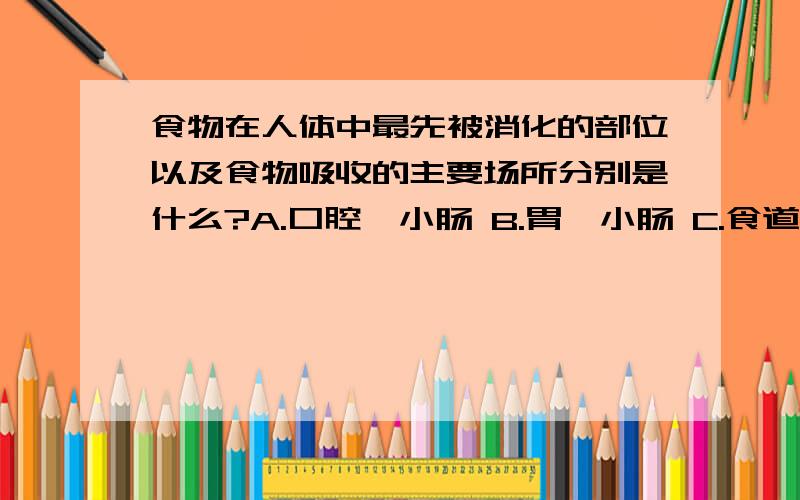 食物在人体中最先被消化的部位以及食物吸收的主要场所分别是什么?A.口腔、小肠 B.胃、小肠 C.食道、胃 D.小肠、大肠