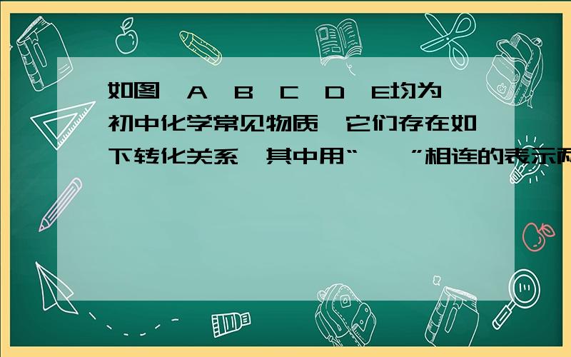 如图,A、B、C、D、E均为初中化学常见物质,它们存在如下转化关系,其中用“——”相连的表示两者可以反应,“→”表示生成的关系.（1）若D和E为两种常见的金属单质,B、A是氧化物,则A的化学