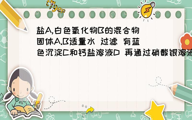 盐A,白色氧化物B的混合物 固体A.B适量水 过滤 有蓝色沉淀C和钙盐溶液D 再通过硝酸银溶液和稀硝酸,有白色沉淀E产生,问A至E是什么?