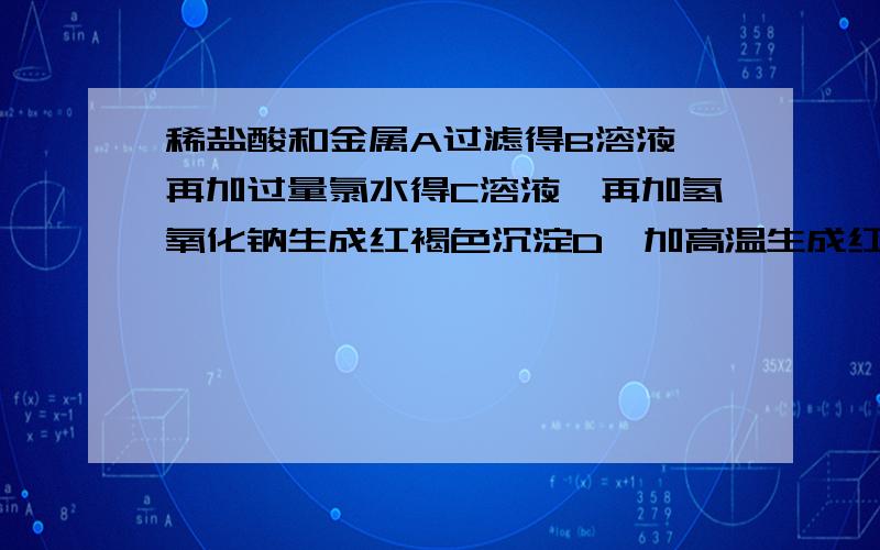 稀盐酸和金属A过滤得B溶液,再加过量氯水得C溶液,再加氢氧化钠生成红褐色沉淀D,加高温生成红棕色固体...稀盐酸和金属A过滤得B溶液,再加过量氯水得C溶液,再加氢氧化钠生成红褐色沉淀D,加