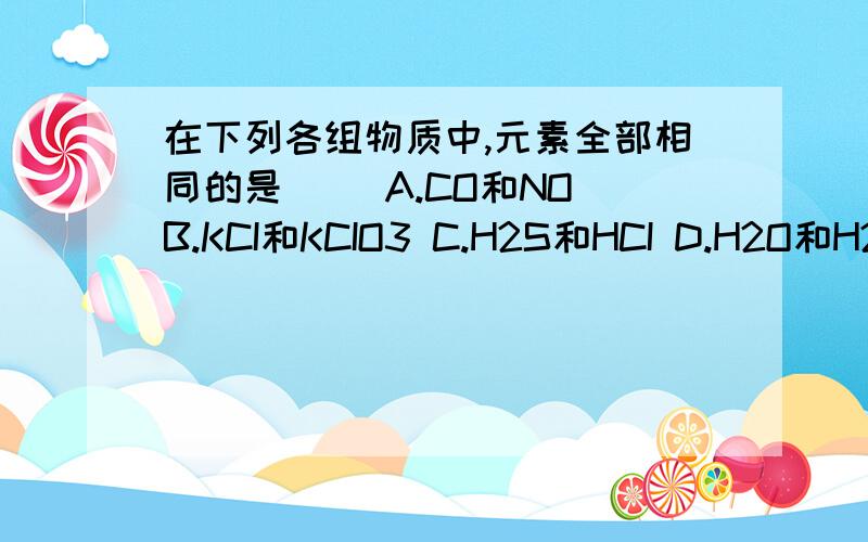 在下列各组物质中,元素全部相同的是（） A.CO和NO B.KCI和KCIO3 C.H2S和HCI D.H2O和H2O2