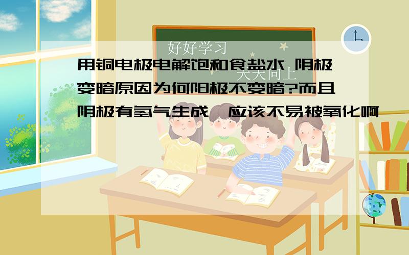 用铜电极电解饱和食盐水 阴极变暗原因为何阳极不变暗?而且阴极有氢气生成,应该不易被氧化啊