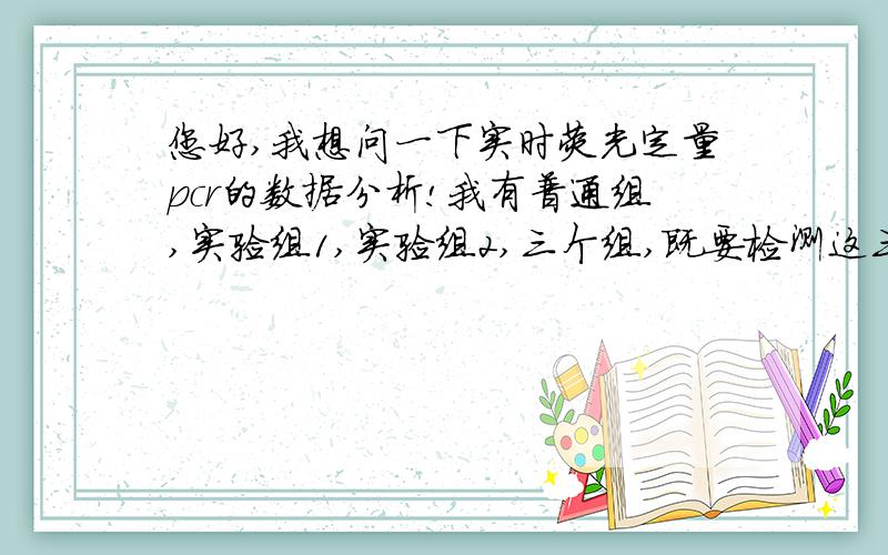 您好,我想问一下实时荧光定量pcr的数据分析!我有普通组,实验组1,实验组2,三个组,既要检测这三个组中每个组不同部位之间是否有差异,也要比较这三组中同一部位之间是否有差异,用2-△△ ct