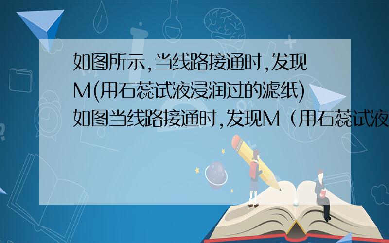 如图所示,当线路接通时,发现M(用石蕊试液浸润过的滤纸)如图当线路接通时,发现M（用石蕊试液浸润过的滤纸）a端显蓝色,b端显红色,且知甲中电极材料是锌、银,乙中电极材料是铂、铜,且乙中