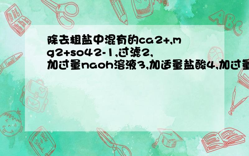 除去粗盐中混有的ca2+,mg2+so42-1,过滤2,加过量naoh溶液3,加适量盐酸4,加过量na2co3,5.加过量bacl2,6,蒸发结晶 如何操作（排序）,为什么