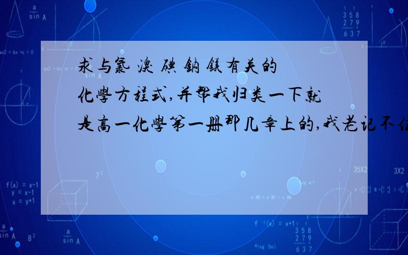 求与氯 溴 碘 钠 镁有关的化学方程式,并帮我归类一下就是高一化学第一册那几章上的,我老记不住,有点乱