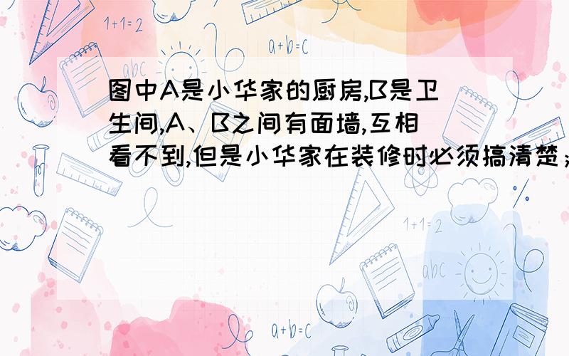 图中A是小华家的厨房,B是卫生间,A、B之间有面墙,互相看不到,但是小华家在装修时必须搞清楚；厨房和卫生间的地面那个高,高度相差多少,为此,小华想出了一个测量方法,他利用一根透明的塑