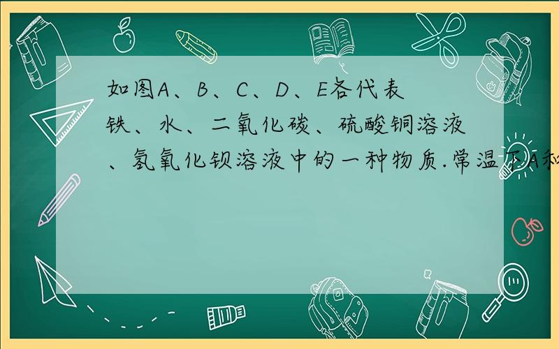 如图A、B、C、D、E各代表铁、水、二氧化碳、硫酸铜溶液、氢氧化钡溶液中的一种物质.常温下A和B能反应,B和c能反应,C和D能反应,D和E能反应,且B的相对分子质量大于D.A和B的化学式是什么.以上