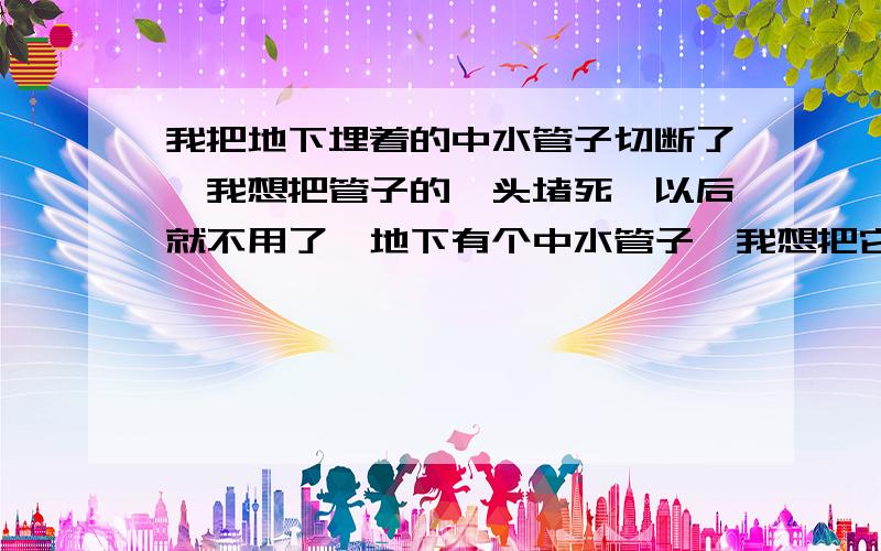 我把地下埋着的中水管子切断了,我想把管子的一头堵死,以后就不用了,地下有个中水管子,我想把它切断,然后把出水的一头堵上.以后就不用了,不知道用什么方法长时间的堵上?请大家帮下忙,