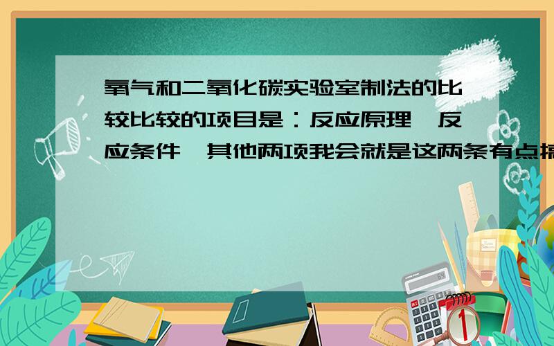 氧气和二氧化碳实验室制法的比较比较的项目是：反应原理,反应条件,其他两项我会就是这两条有点搞不清楚,