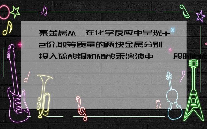 某金属M,在化学反应中呈现+2价.取等质量的两块金属分别投入硫酸铜和硝酸汞溶液中,一段时间后从溶液中取出称量,发现前者质量减少了3.6%,后者质量增加了6.6%,又经分析知,两反应中消耗的金