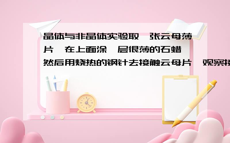 晶体与非晶体实验取一张云母薄片,在上面涂一层很薄的石蜡,然后用烧热的钢针去接触云母片,观察接触点周围的石蜡熔化后所形成的形状,然后再在玻璃上做同样的实验.从实验中可以看到,熔