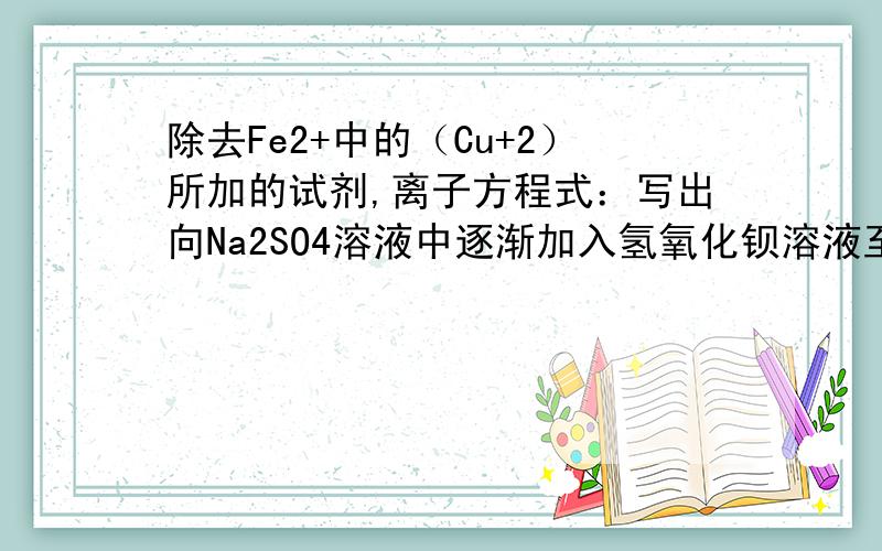 除去Fe2+中的（Cu+2）所加的试剂,离子方程式：写出向Na2SO4溶液中逐渐加入氢氧化钡溶液至中性的反应离子方程式