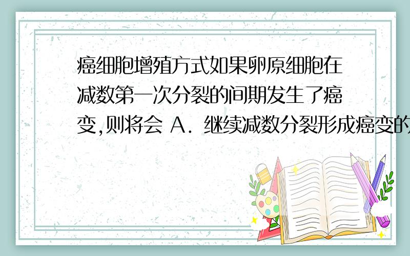 癌细胞增殖方式如果卵原细胞在减数第一次分裂的间期发生了癌变,则将会 A．继续减数分裂形成癌变的卵细胞和极体 B．不再进行分裂C．进行有丝分裂 D．继续减数分裂形成卵细胞后能无限