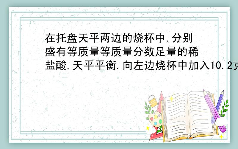 在托盘天平两边的烧杯中,分别盛有等质量等质量分数足量的稀盐酸,天平平衡.向左边烧杯中加入10.2克碳酸镁和氧化镁的混合物,右边的烧杯中加入8克铜,充分反应后,天平平衡,则加入混合物中