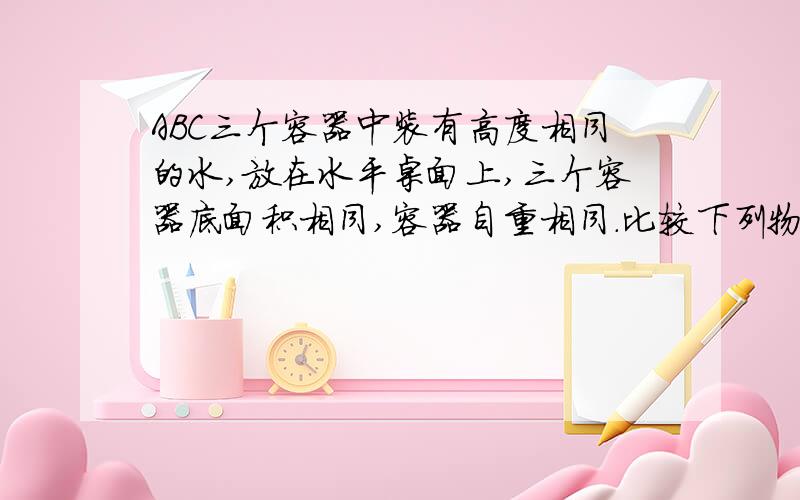 ABC三个容器中装有高度相同的水,放在水平桌面上,三个容器底面积相同,容器自重相同.比较下列物理量因图不能上传,我口述一下ABC三个容器形状都为圆柱形容器A上大下小B上下样C上小下大1．