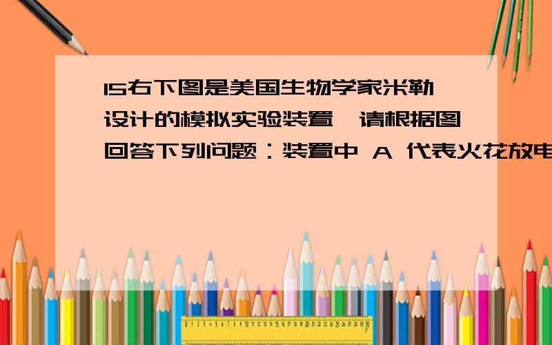 15右下图是美国生物学家米勒设计的模拟实验装置,请根据图回答下列问题：装置中 A 代表火花放电,模拟原始地球时的 _作用.装置 B 处代表原始大气,气体的主要成分有_ _、_ _ 、_ _ 、_ 、_ _等.