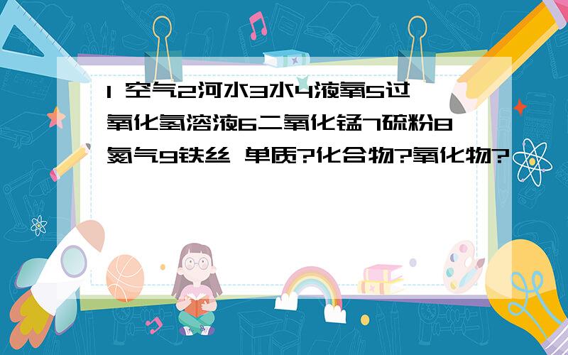 1 空气2河水3水4液氧5过氧化氢溶液6二氧化锰7硫粉8氮气9铁丝 单质?化合物?氧化物?