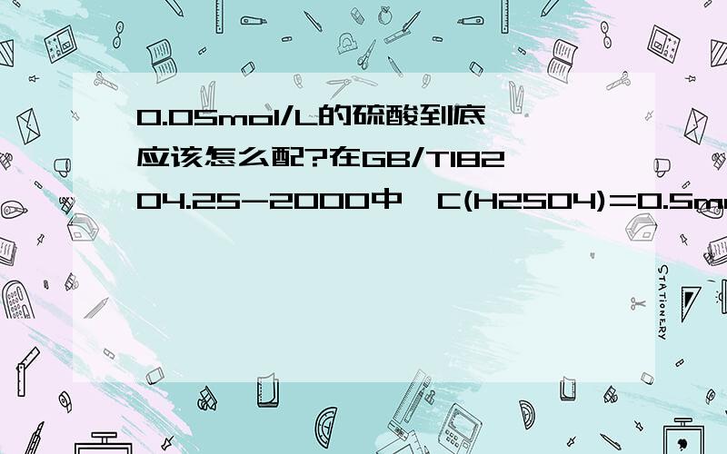 0.05mol/L的硫酸到底应该怎么配?在GB/T18204.25-2000中,C(H2SO4)=0.5mol/L的硫酸吸收液是量取28mL至1000mL.而在GB/T601-2002中,C(1/2H2SO4)=0.5mol/L的硫酸是量取15mL至1000mL.这个到底是怎么回事啊?它们浓度是一样