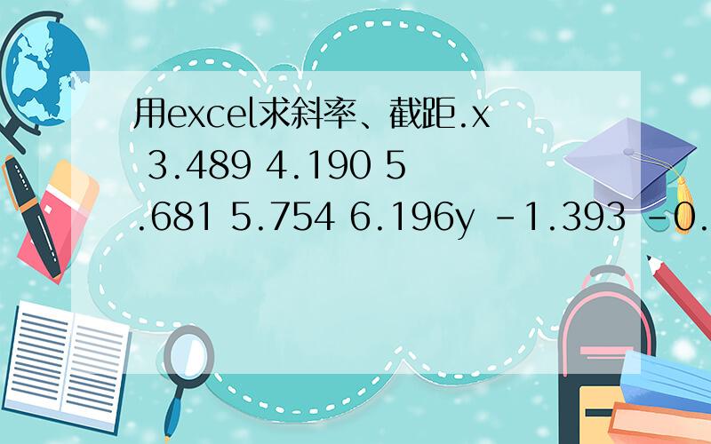 用excel求斜率、截距.x 3.489 4.190 5.681 5.754 6.196y -1.393 -0.914 0.139 0.152 0.444y=kx+b