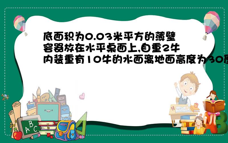 底面积为0.03米平方的薄壁容器放在水平桌面上,自重2牛内装重有10牛的水面离地面高度为30厘米.求1.水对容器底面的压强.2.水对容器底面的压力 3.容器对水平桌面的压强