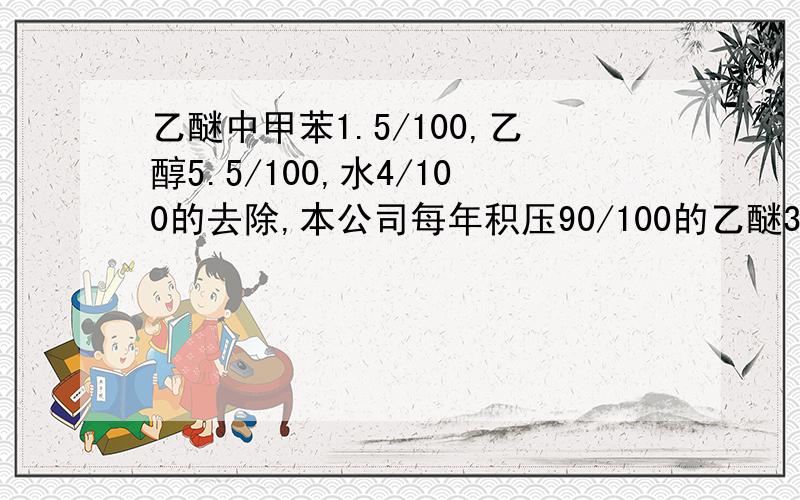 乙醚中甲苯1.5/100,乙醇5.5/100,水4/100的去除,本公司每年积压90/100的乙醚30吨：一个企业生产某种纤维醚,年产200t.理论上乙醚也会是上100t.但我们只在冷天回收,其余飘到贡嘎山去了,回收的东东卖