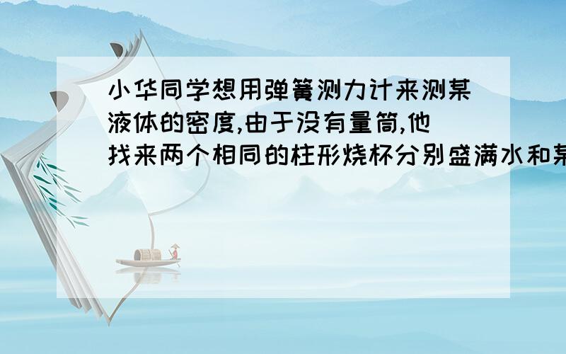 小华同学想用弹簧测力计来测某液体的密度,由于没有量筒,他找来两个相同的柱形烧杯分别盛满水和某液体,将一实心圆柱体挂在测力计下,如图甲和乙分别是圆柱体逐渐浸入水和该液体中时,