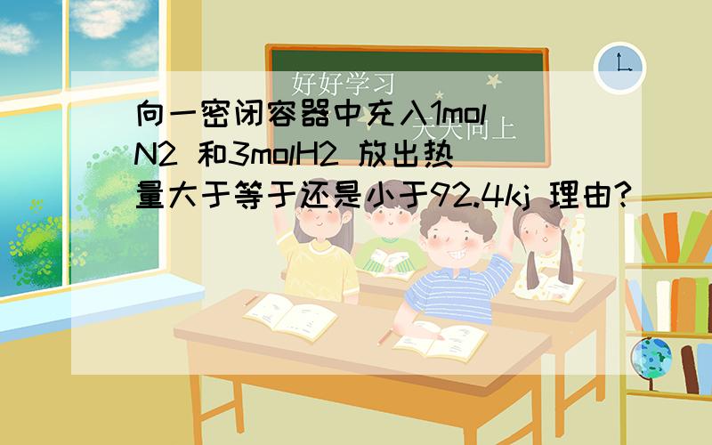 向一密闭容器中充入1mol N2 和3molH2 放出热量大于等于还是小于92.4kj 理由?