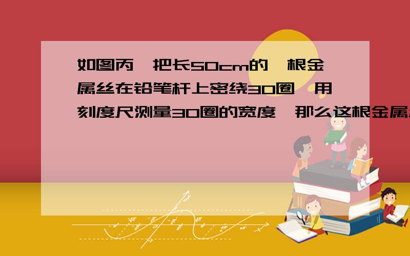 如图丙,把长50cm的一根金属丝在铅笔杆上密绕30圈,用刻度尺测量30圈的宽度,那么这根金属丝的直径是__mm,合__微米please，