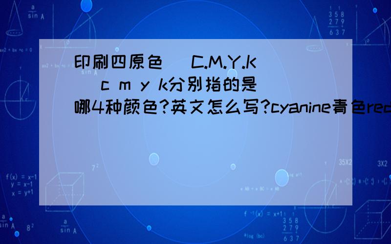印刷四原色 (C.M.Y.K) c m y k分别指的是哪4种颜色?英文怎么写?cyanine青色red红色yellow黄色black黑色那缩写应该是cryb才对啊