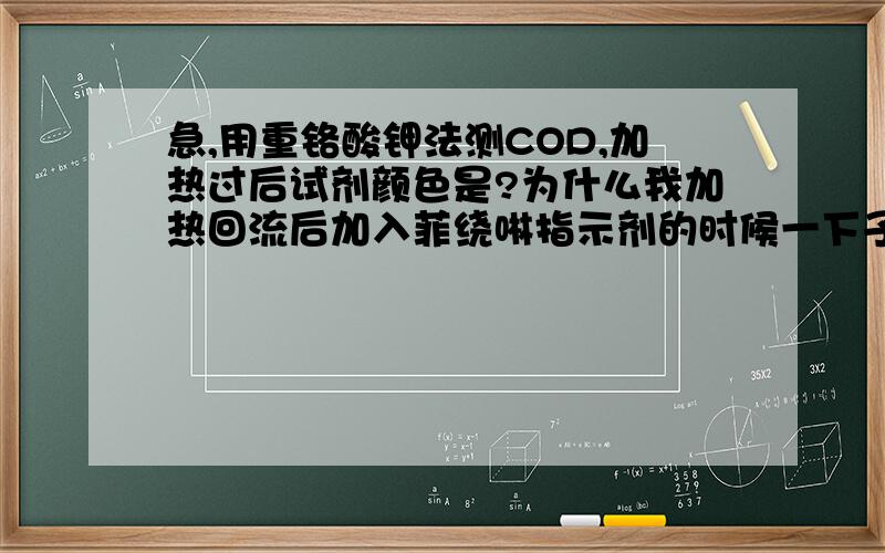 急,用重铬酸钾法测COD,加热过后试剂颜色是?为什么我加热回流后加入菲绕啉指示剂的时候一下子就变成红褐色的了（我还没有开始滴定的）.期望高手能给出比较真实的此现象的原因.我的指