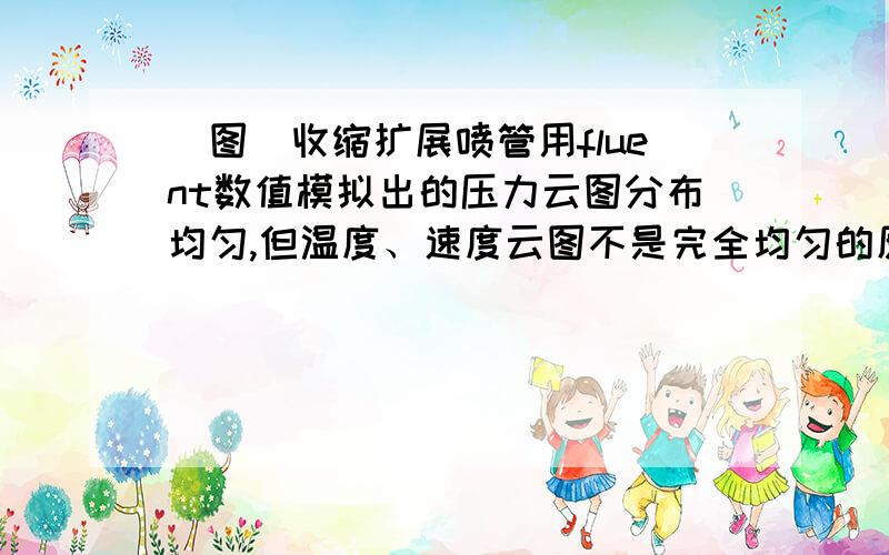 （图）收缩扩展喷管用fluent数值模拟出的压力云图分布均匀,但温度、速度云图不是完全均匀的原因是什么速度云图轴线那边的突出的地方是什么原因造成的,我计算选用的是非粘性模型.