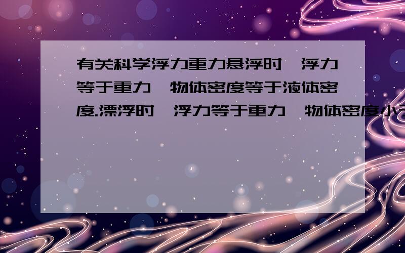 有关科学浮力重力悬浮时,浮力等于重力,物体密度等于液体密度.漂浮时,浮力等于重力,物体密度小于液体密度.上浮时,浮力小于重力,物体密度小于液体密度.那么 物体下沉时,物体密度一定大