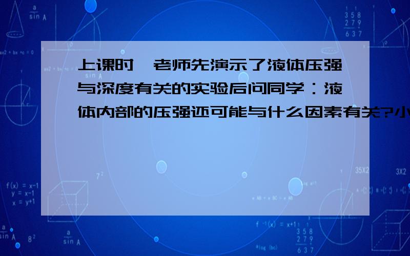 上课时,老师先演示了液体压强与深度有关的实验后问同学：液体内部的压强还可能与什么因素有关?小强的猜想是：还可能与液体的密度有关．老师请小强用实验验证自己的猜想,小强利用压