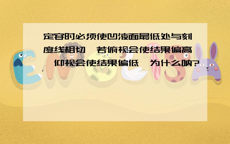 定容时必须使凹液面最低处与刻度线相切,若俯视会使结果偏高,仰视会使结果偏低,为什么呐?