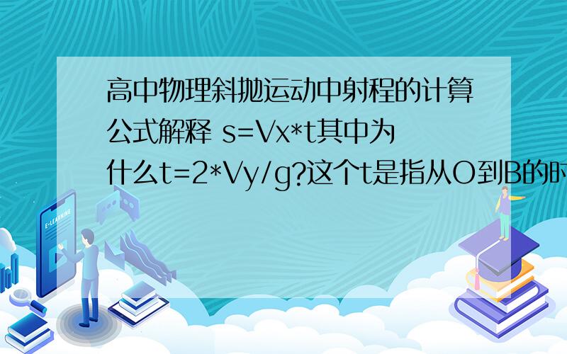 高中物理斜抛运动中射程的计算公式解释 s=Vx*t其中为什么t=2*Vy/g?这个t是指从O到B的时间,可整个运动时间不是还要加上B到C的时间吗?为什么射程公式中的t不是整个运动的时间?