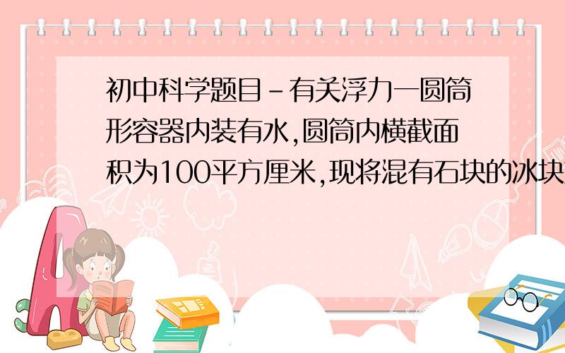 初中科学题目-有关浮力一圆筒形容器内装有水,圆筒内横截面积为100平方厘米,现将混有石块的冰块放入容器内,正好悬浮在水中,此时水面上升6cm；当冰融化后,发现水面下降0.56cm.试求石块的密