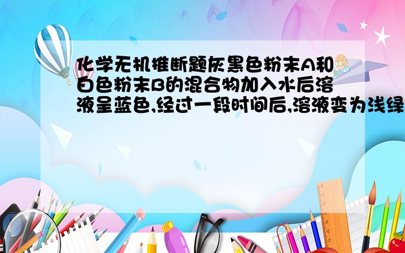 化学无机推断题灰黑色粉末A和白色粉末B的混合物加入水后溶液呈蓝色,经过一段时间后,溶液变为浅绿色,并析出红色沉淀C,将沉淀物滤出,加入浓硫酸共热,放出气体,反应后将溶液浓缩冷却结晶