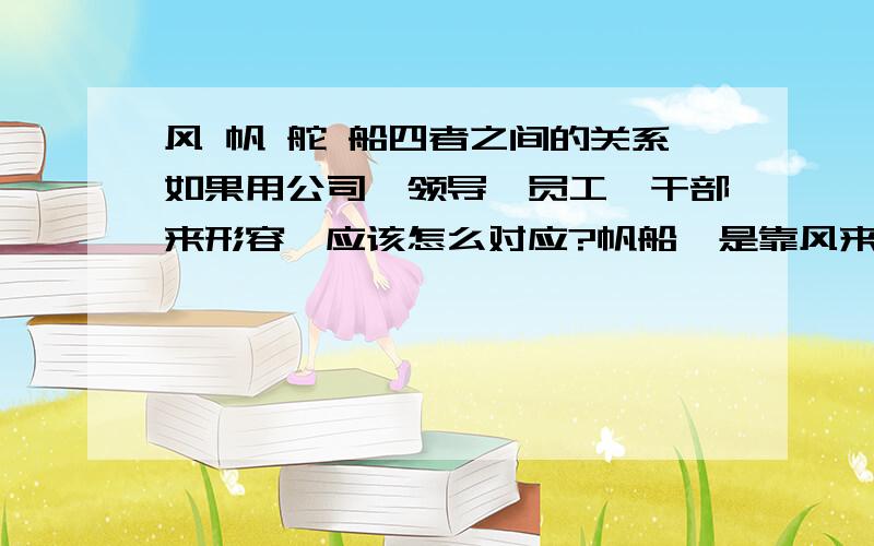 风 帆 舵 船四者之间的关系如果用公司、领导、员工、干部来形容,应该怎么对应?帆船,是靠风来航行的,有风才能扬起帆,无风或者迎风,就要落下帆,舵是船的方向盘,船要拐弯,靠摆舵.