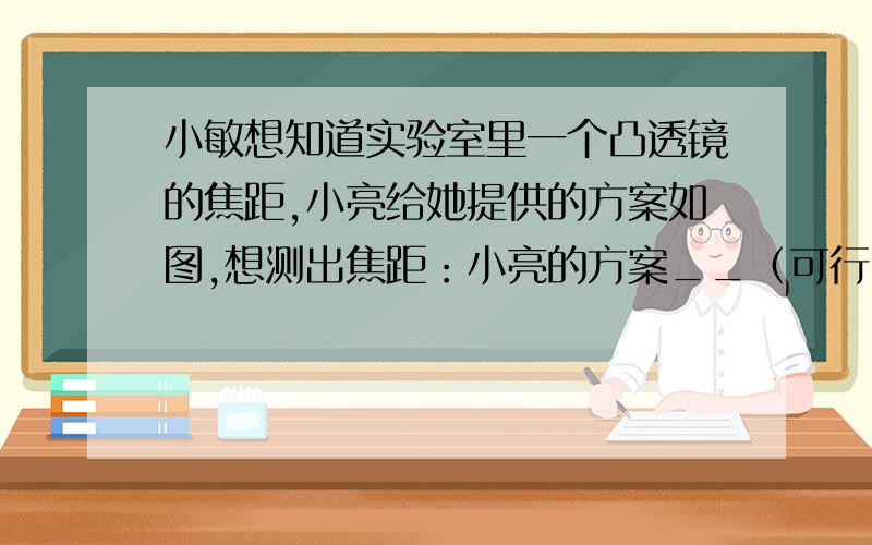 小敏想知道实验室里一个凸透镜的焦距,小亮给她提供的方案如图,想测出焦距：小亮的方案__（可行/不可行)图：有一光屏在凸透镜后.可行的话,提出注意事项：不行的话,提出可行的方案：