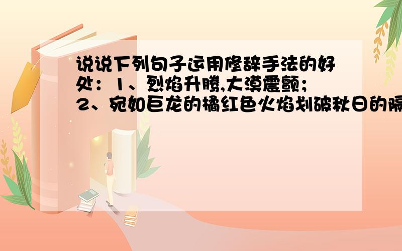 说说下列句子运用修辞手法的好处：1、烈焰升腾,大漠震颤；2、宛如巨龙的橘红色火焰划破秋日的隔壁长空.3、托举着“神舟”5 号船的火箭,在地动山摇般的轰鸣声中腾空而起,直指苍穹.