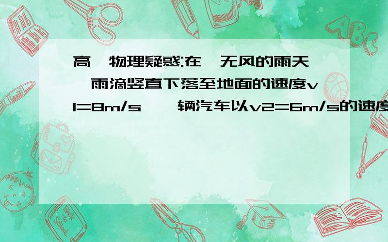 高一物理疑惑:在一无风的雨天,雨滴竖直下落至地面的速度v1=8m/s,一辆汽车以v2=6m/s的速度匀速行驶求车上的人看到雨滴的速度及方向（含过程）【【【【速度为10m/s ,很简单,但是为什么参考答