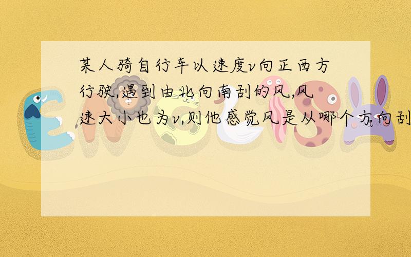 某人骑自行车以速度v向正西方行驶,遇到由北向南刮的风,风速大小也为v,则他感觉风是从哪个方向刮来的