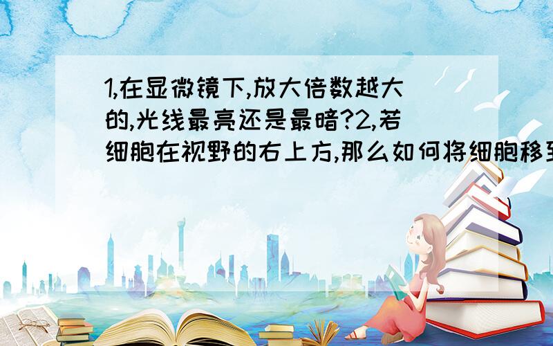 1,在显微镜下,放大倍数越大的,光线最亮还是最暗?2,若细胞在视野的右上方,那么如何将细胞移到正中央