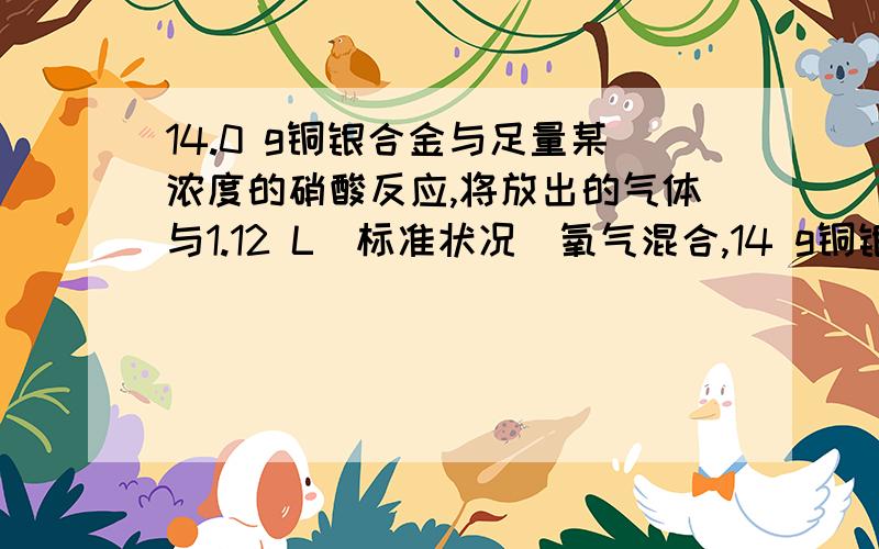 14.0 g铜银合金与足量某浓度的硝酸反应,将放出的气体与1.12 L(标准状况)氧气混合,14 g铜银合金与足量的某浓度的硝酸反应,将放出的气体与1.12 L(标准状况下)氧气混合,通入水中恰好全部被吸收,