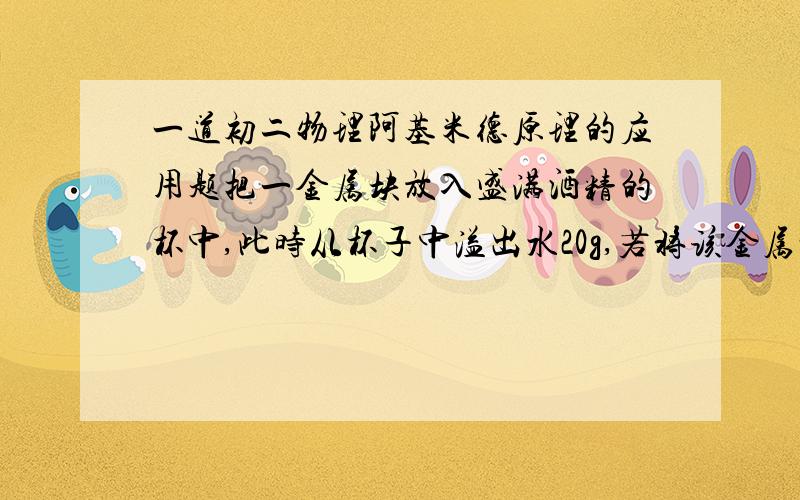 一道初二物理阿基米德原理的应用题把一金属块放入盛满酒精的杯中,此时从杯子中溢出水20g,若将该金属块从酒精中取出来放入盛满水的杯中,则从杯中溢出多少水?云，很难吗？这可是初二初